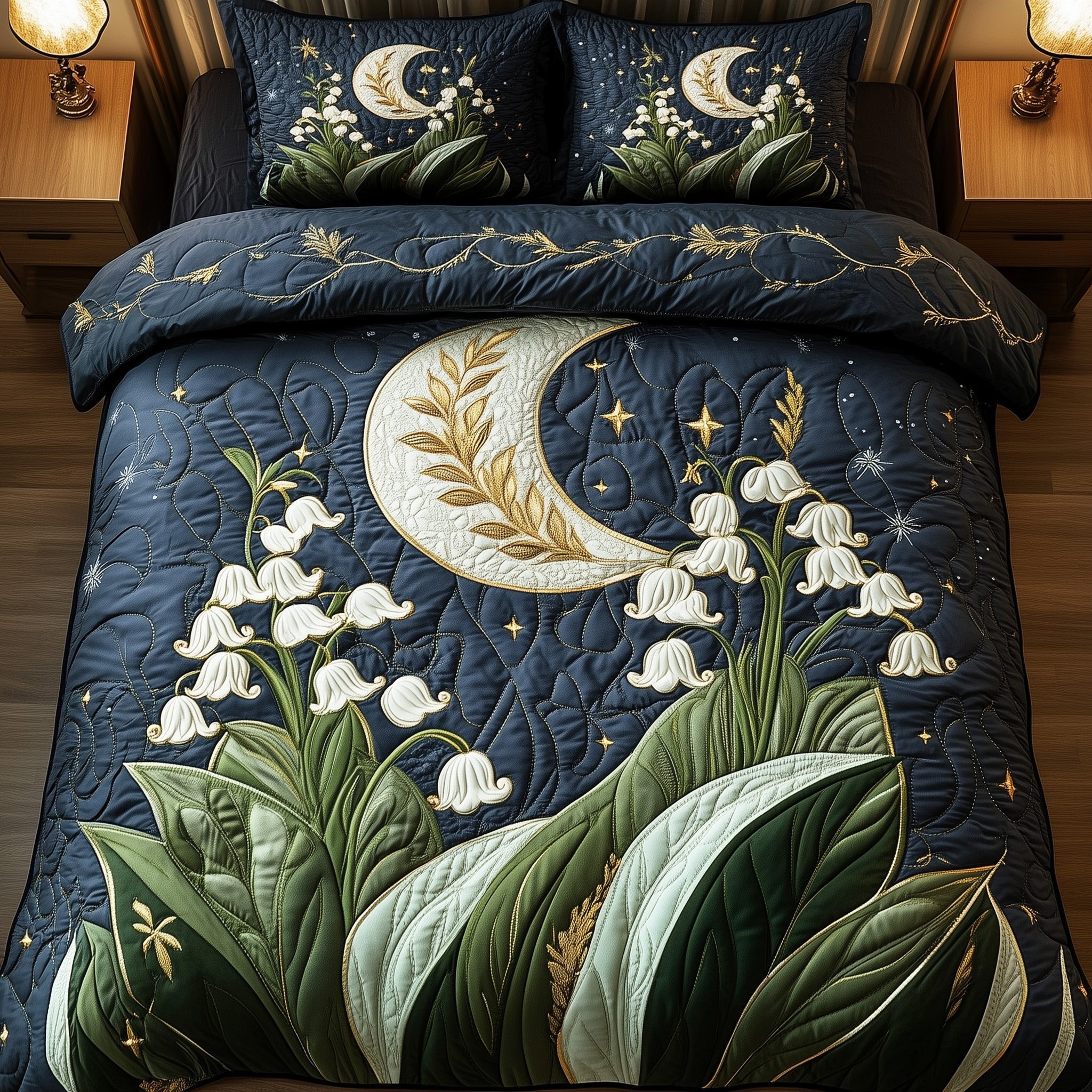 Moonlit Lily of the Valley Quilted Bedding Set Duvet Cover Bedspread Xmas Gifts For Wife
