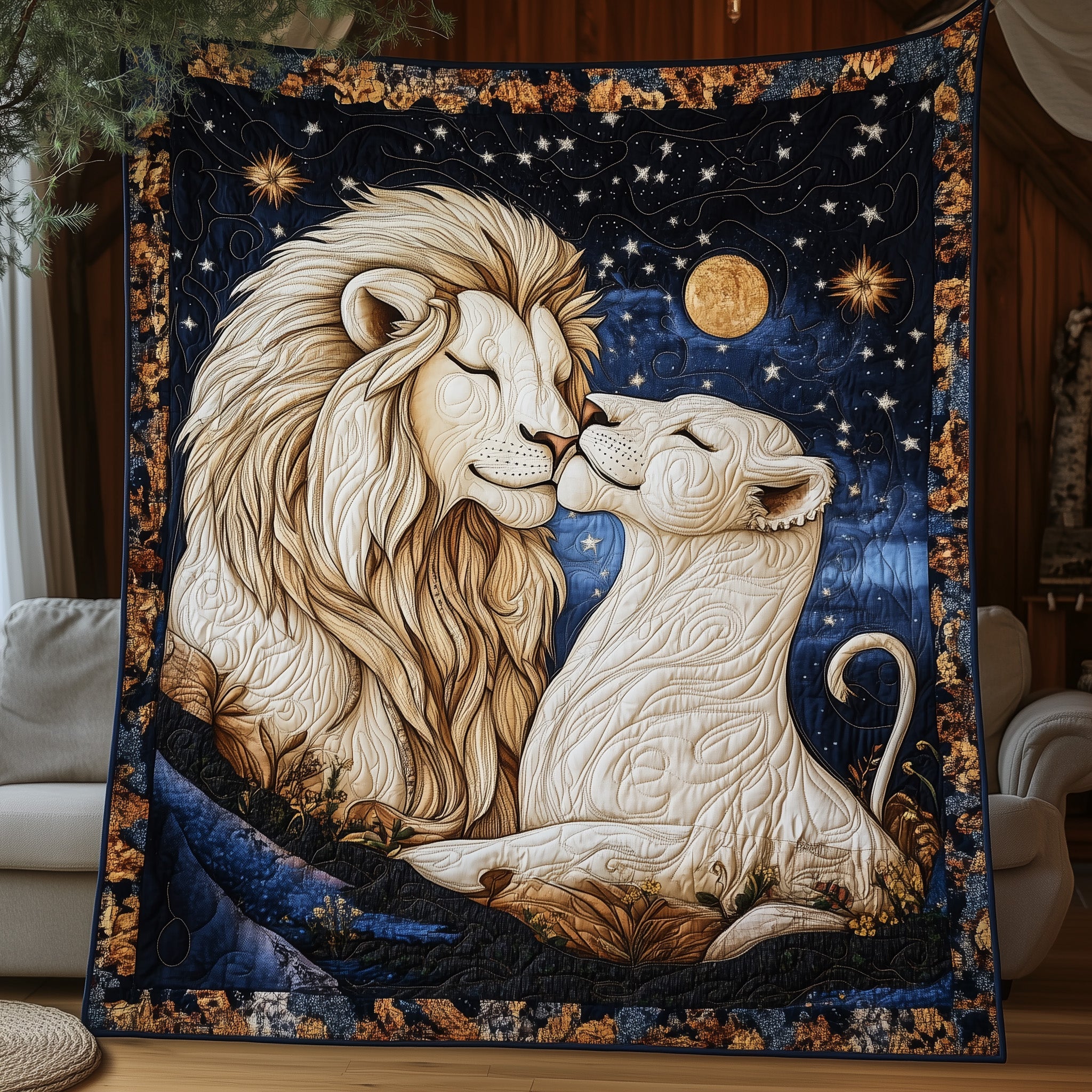 Moonlit Majesty Quilted Blanket Cute Cozy BlanketBest Presents For Lion Lovers Birthday