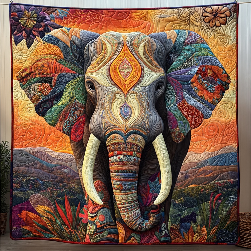 Moonlit Mandala Elephant Quilted Blanket Bohemian Wildlife Art Patchwork Throw Gift For Elephant Fans