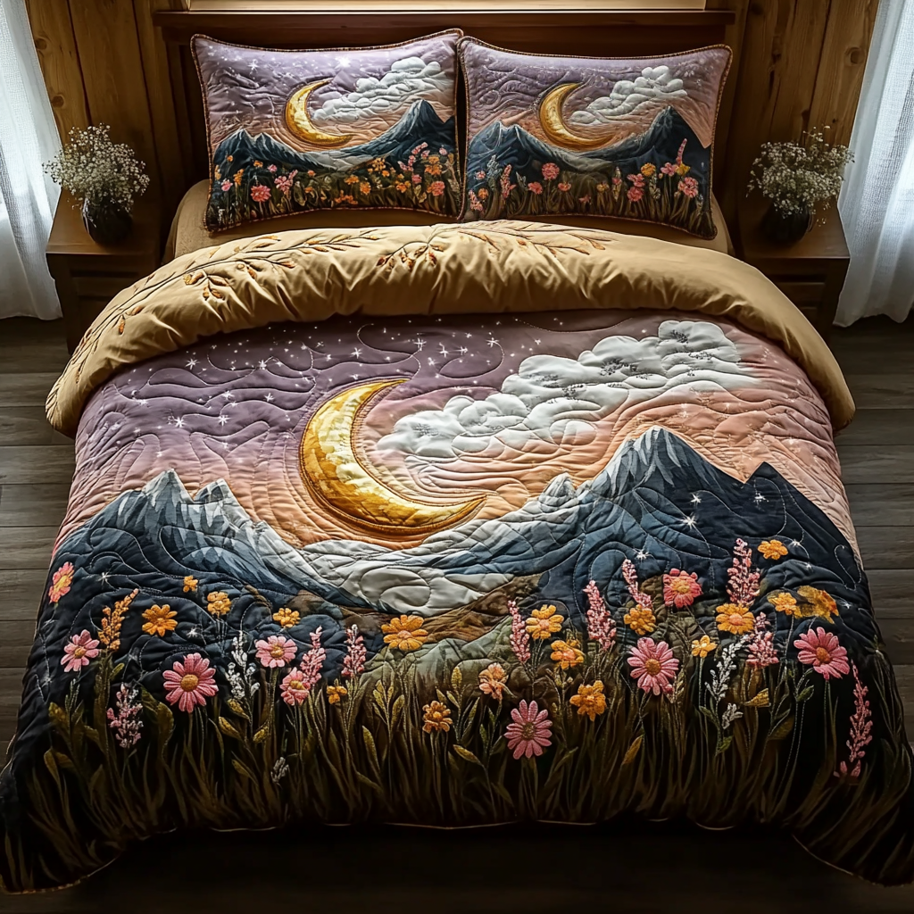 Moonlit Mountain Landscape Quilted Bedding Set Bedroom Decor Ideas Unique Gifts For Nature Lovers