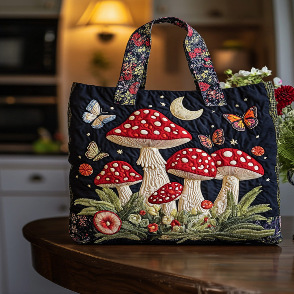Moonlit Mushrooms Quilted Tote Bag Gifts For Mushroom Lovers