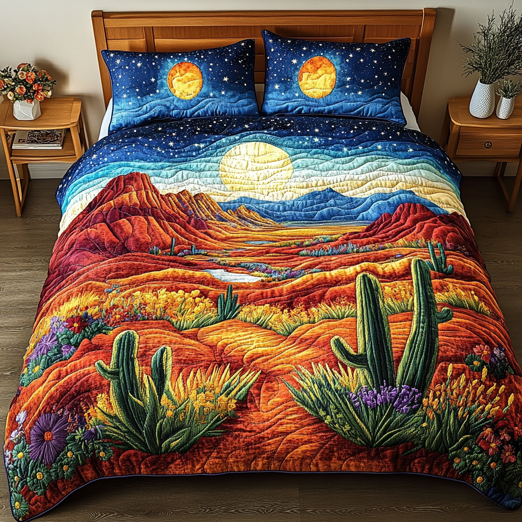 Moonlit Oasis Quilted Bedding Set Unique Bed Sheet Set Best Cactus Gifts