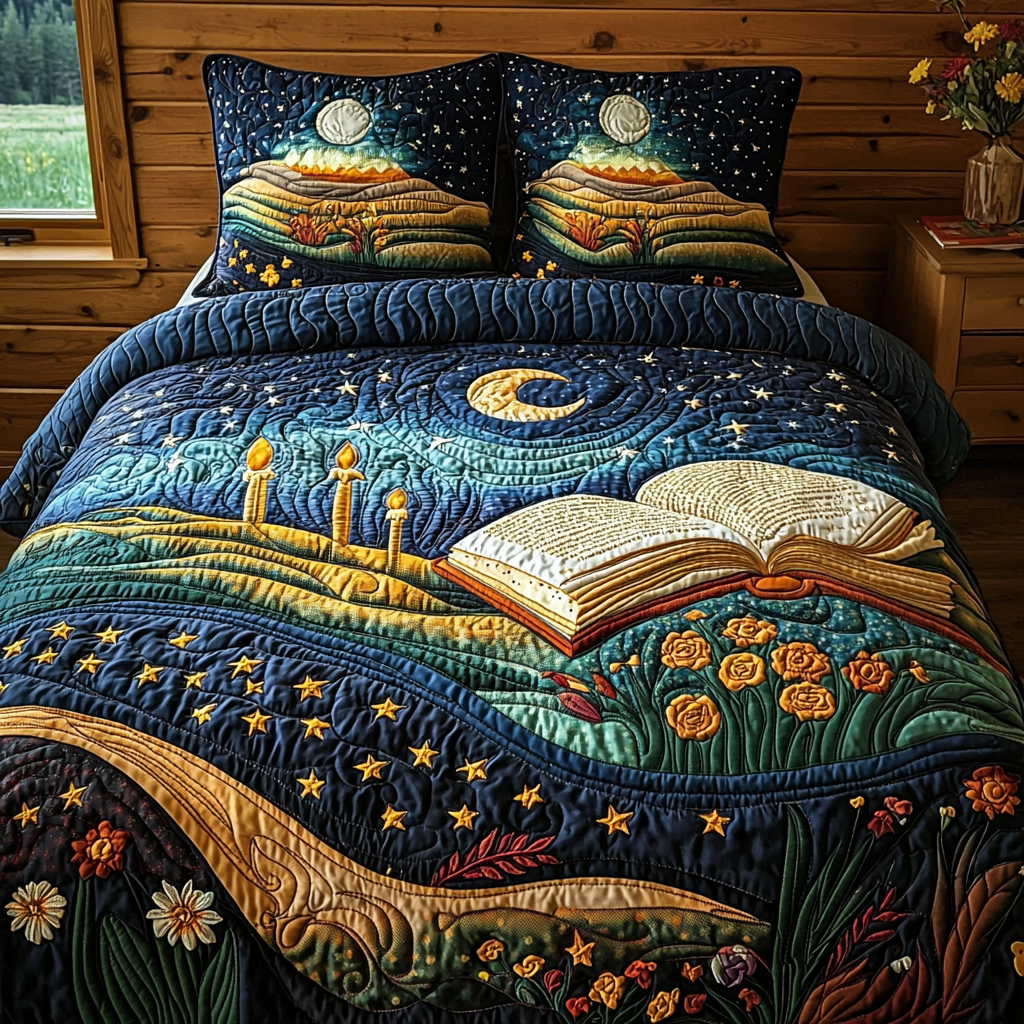 Moonlit Pages Quilted Bedding Set Best Bed Sheet Set Gifts For Book Worm