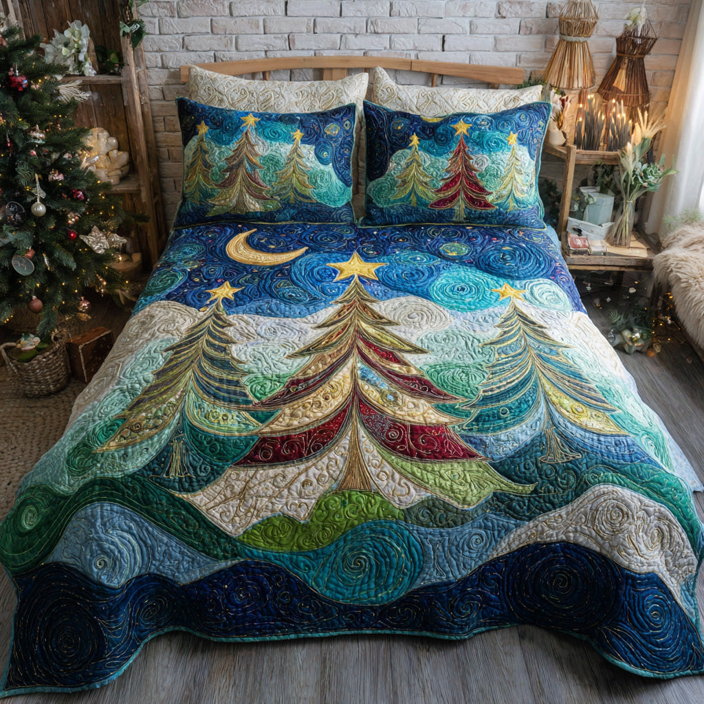 Moonlit Pines Quilted Bedding Set Holiday Season Duvet Cover Set Secret Santa Gift Ideas