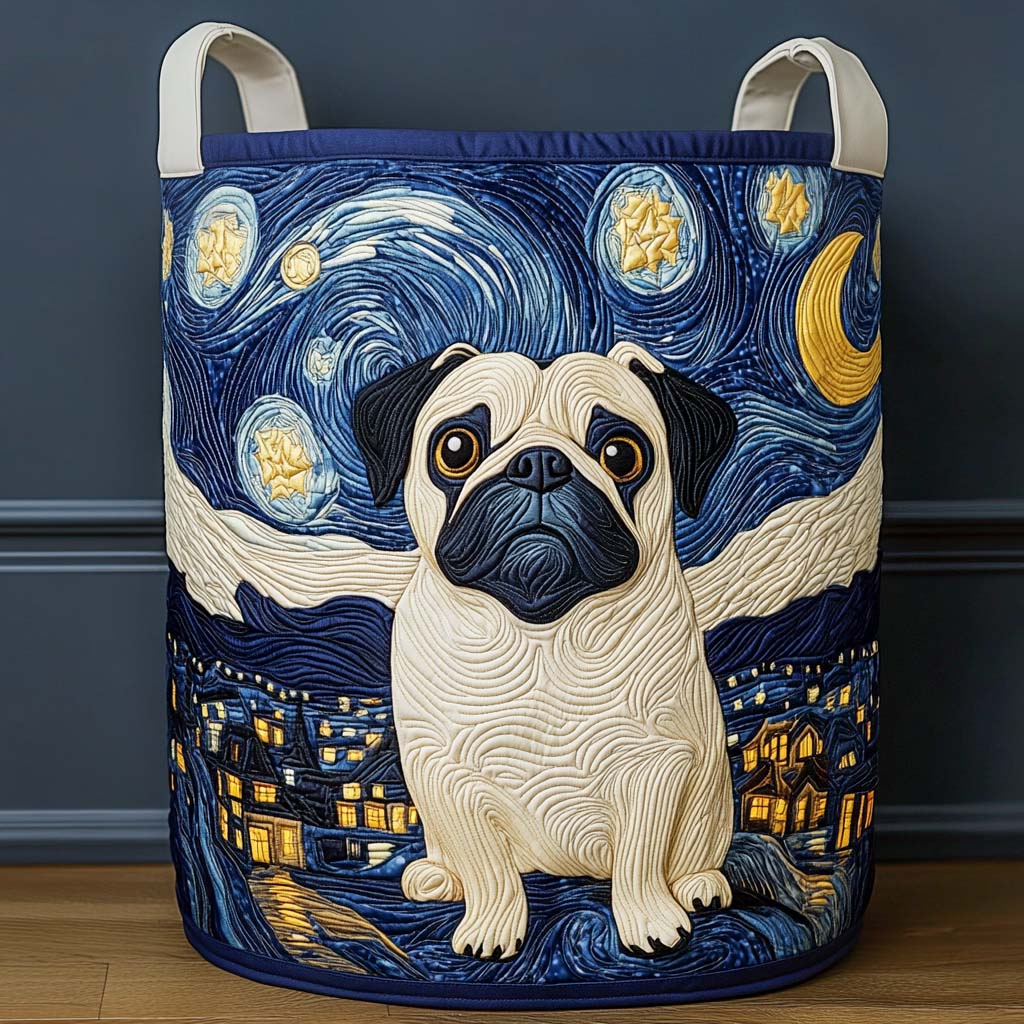 Moonlit Pug Dream Quilted Laundry Basket Practical Home Storage Gift with Quilted Design