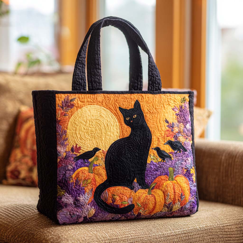 Moonlit Purr Quilted Tote Bag Birthday Gift Cat