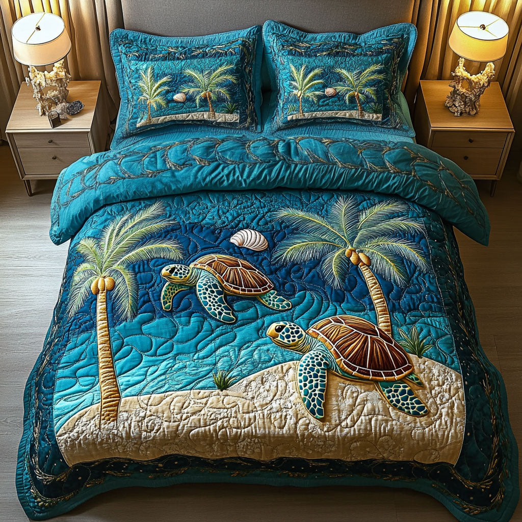 Moonlit Turtle Path Quilted Bedding Set Bed Decor Ideas Christmas Gifts For People Who Loves Sea Turtle