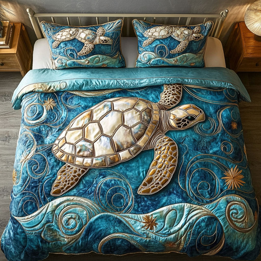 Moonlit Turtle Path Quilted Bedding Set Christmas Duvet Cover Sea Turtle Gift Ideas