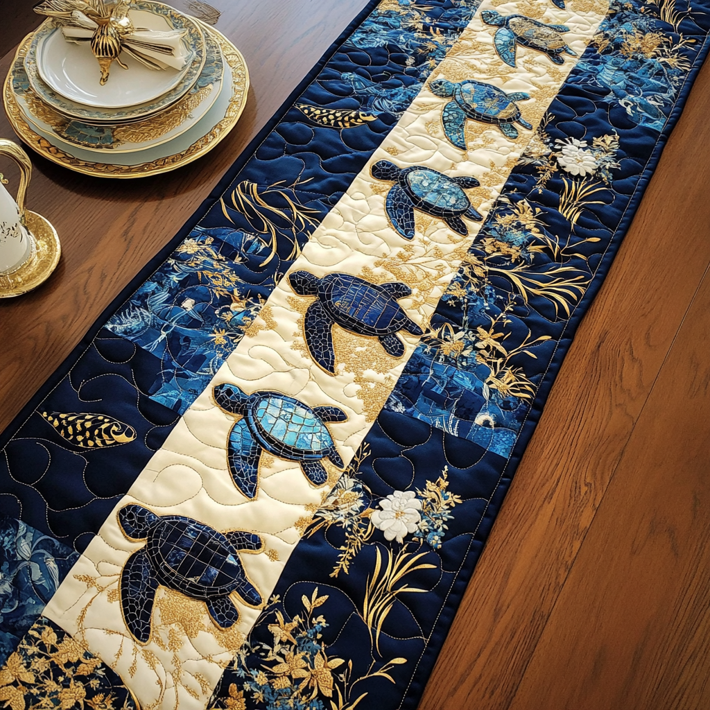 Moonlit Turtle Quilted Table Runner Dining Room Table Decor Gifts For People Who Loves Sea Turtle