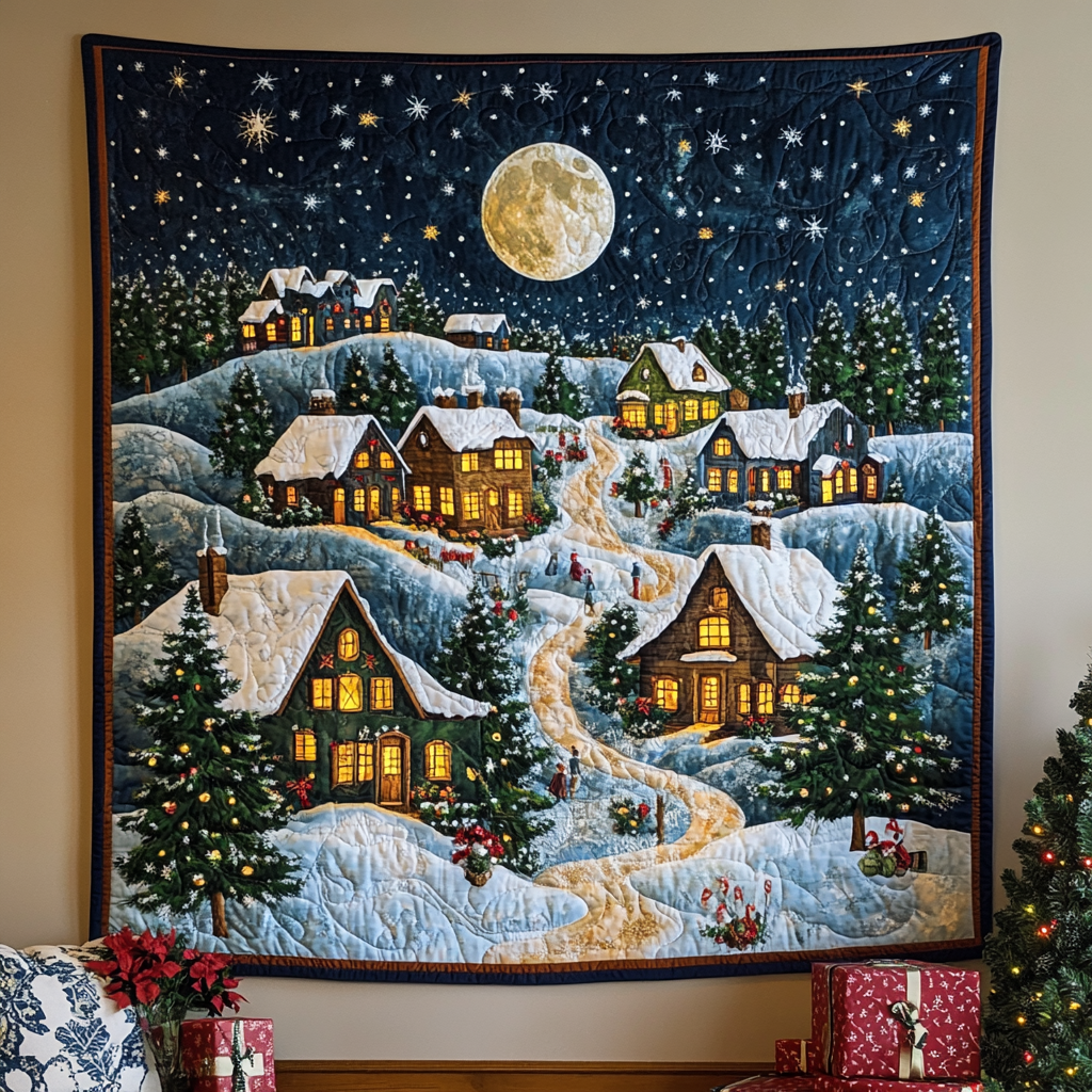 Moonlit Village Quilted Blanket Cute Christmas Blankets