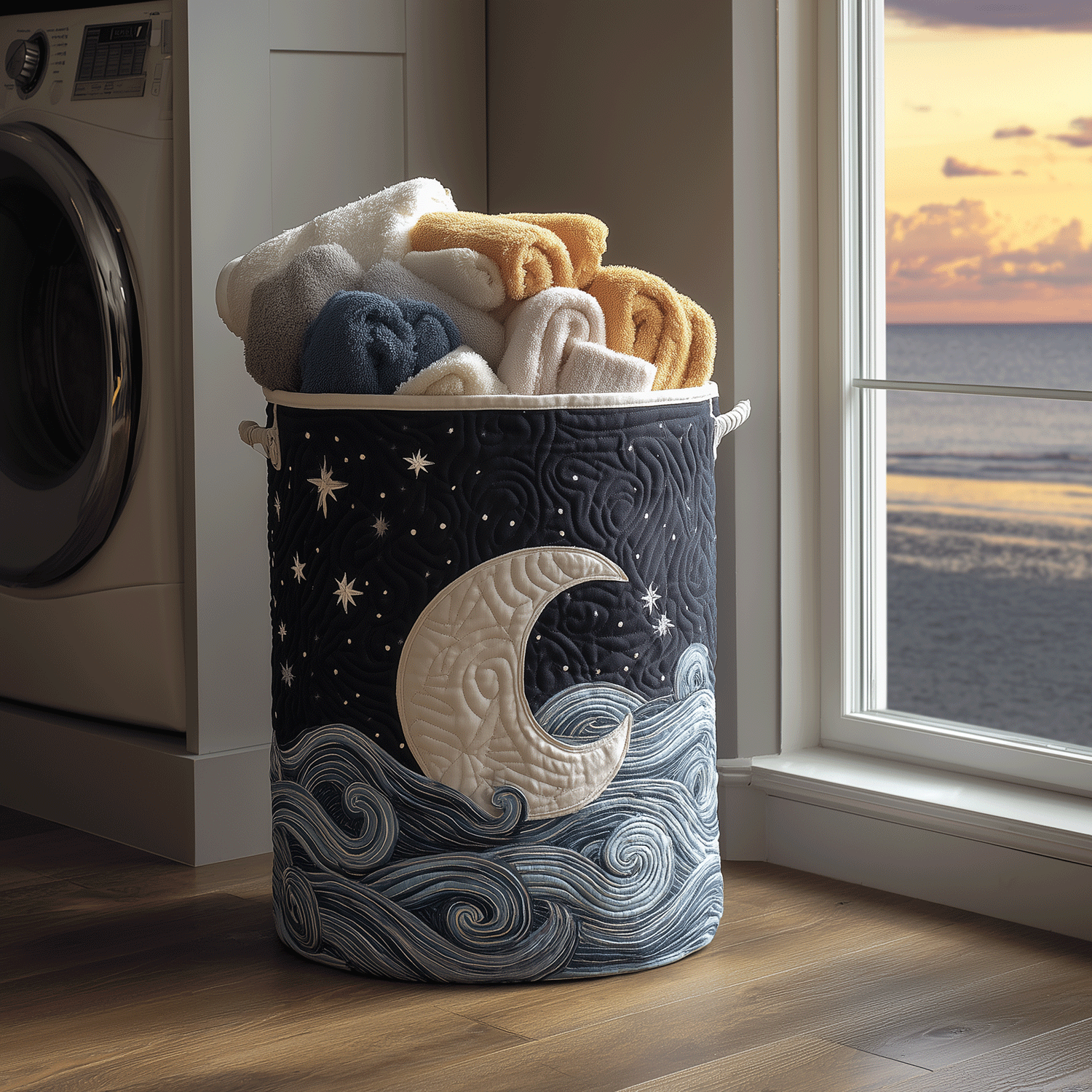 Moonlit Waves Quilted Laundry Basket Merch For Friends