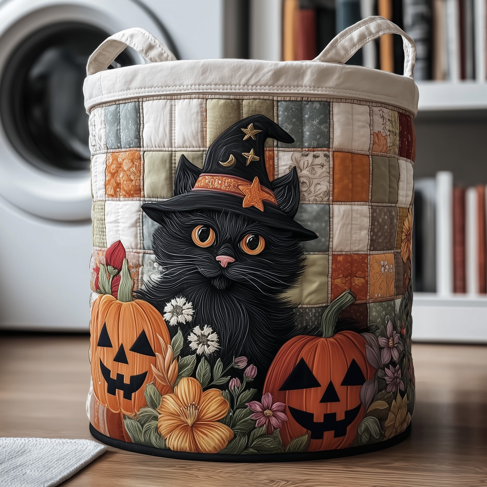 Moonlit Whisker Quilted Laundry Basket Foldable Clothes Hamper Gift For Witch Cat Enthusiasts