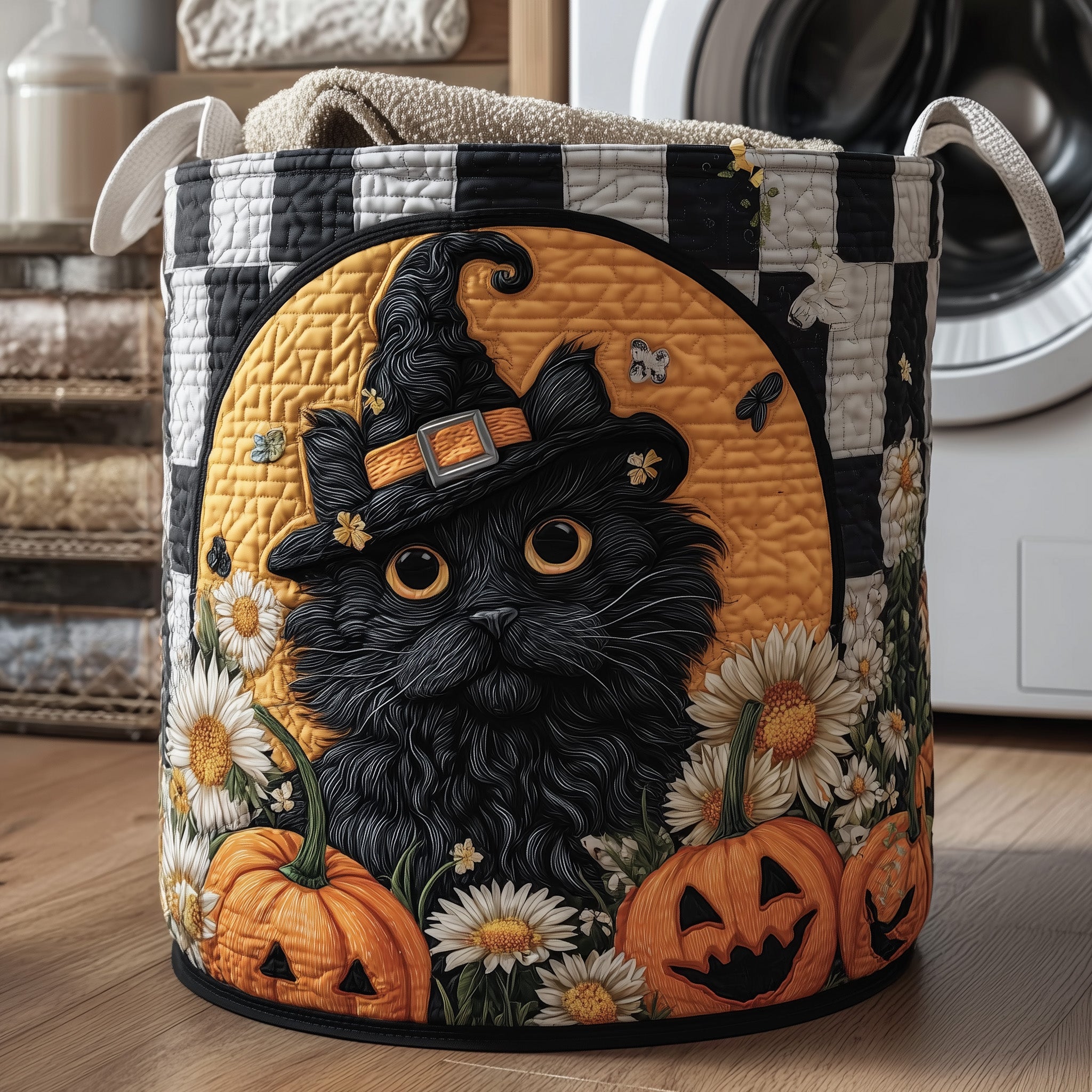 Moonlit Whisker Quilted Laundry Basket Foldable Clothes Hamper Idea Gifts For Witch Cat Lovers