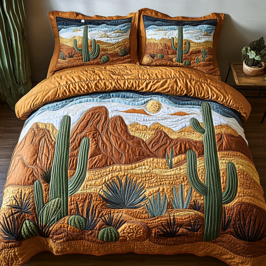 Moonrise Trail Quilted Bedding Set Aesthetic Room Decor Cactus Housewarming Gift