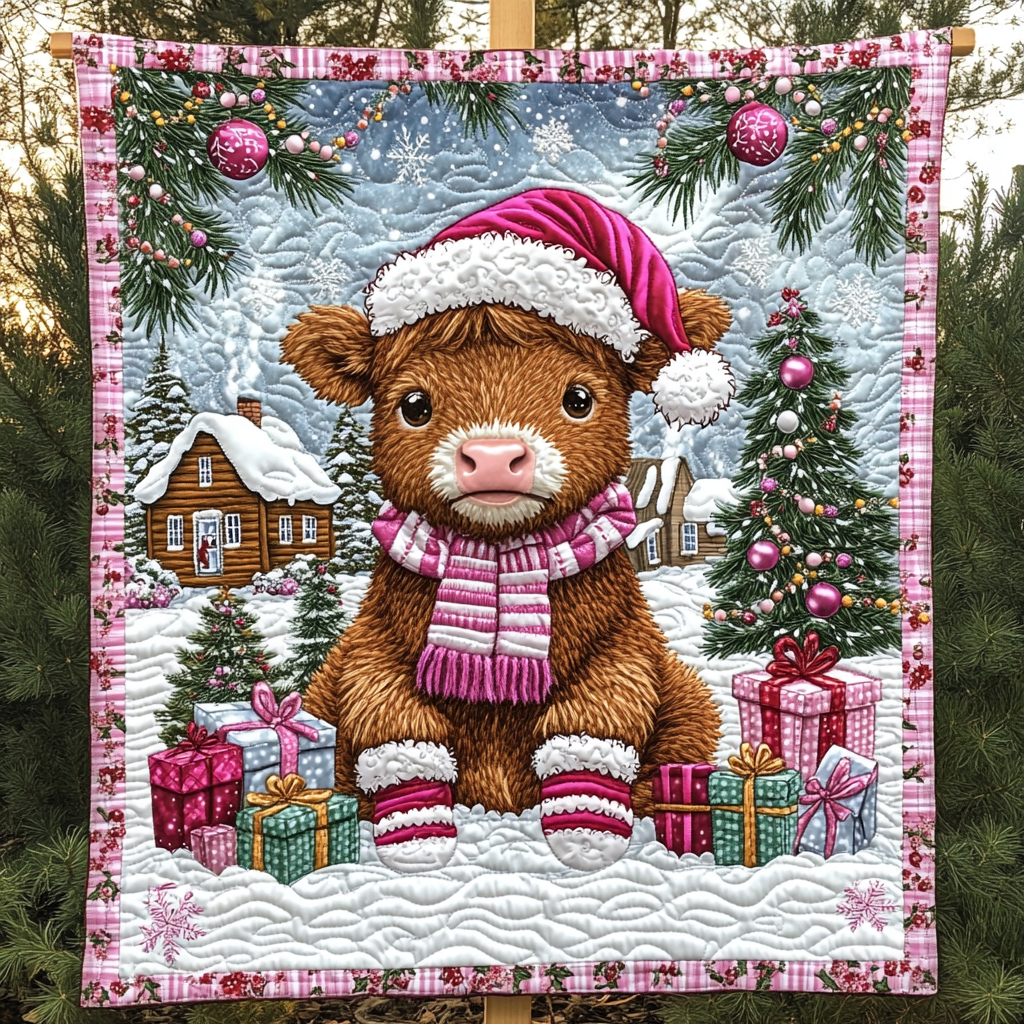 Moorry Christmas Highland Quilted Blanket Gift For Cow Lover