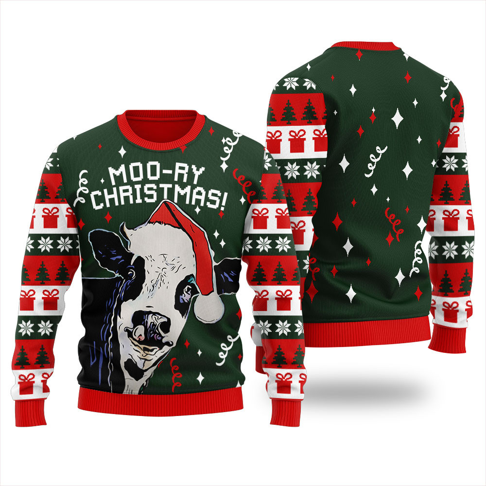 Moory Christmas Cow Funny Christmas Sweater Festive Sweatshirt for Christmas Celebrations
