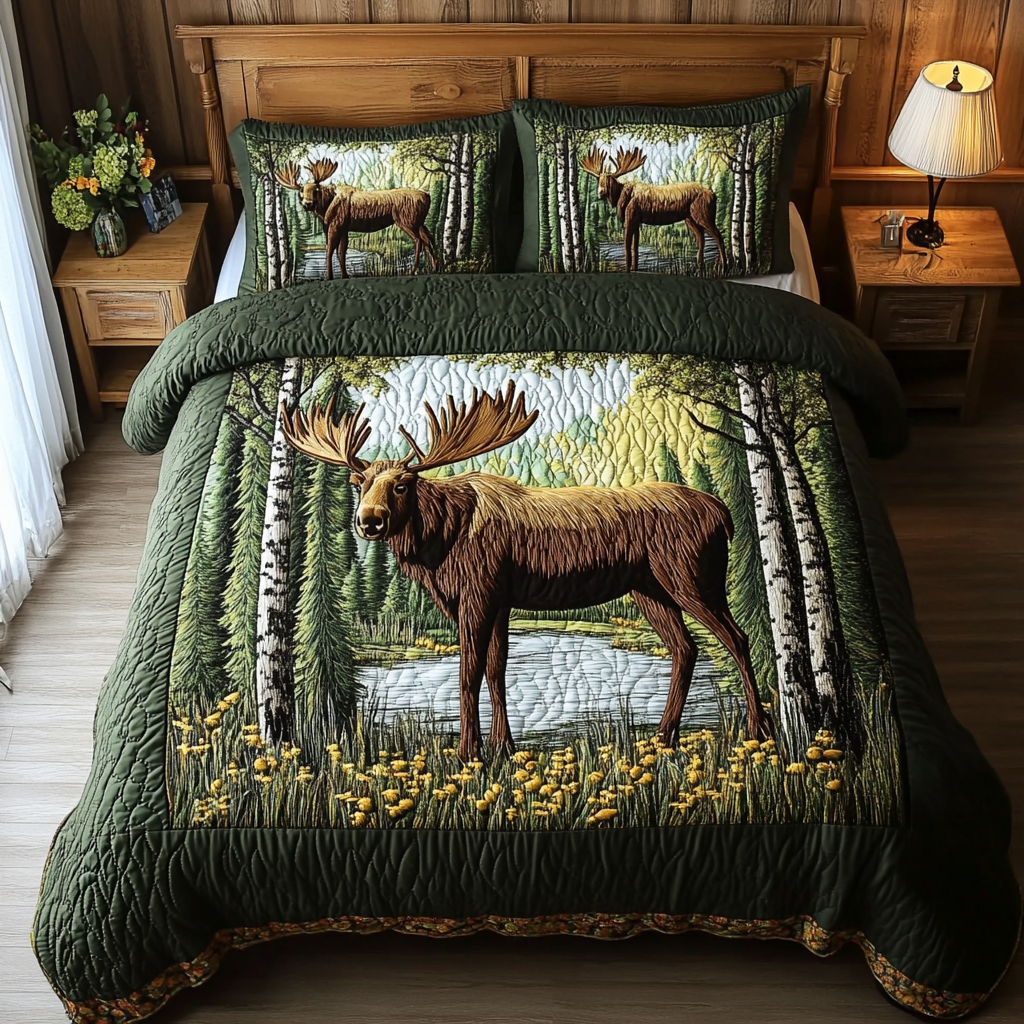 Moose Adventure Quilted Bedding Set Bedroom Decor Christmas Moose Gifts