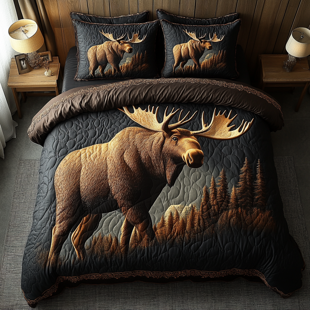 Moose Forest Quilted Bedding Set Bedroom Decor Best Gifts For Hippie Mom