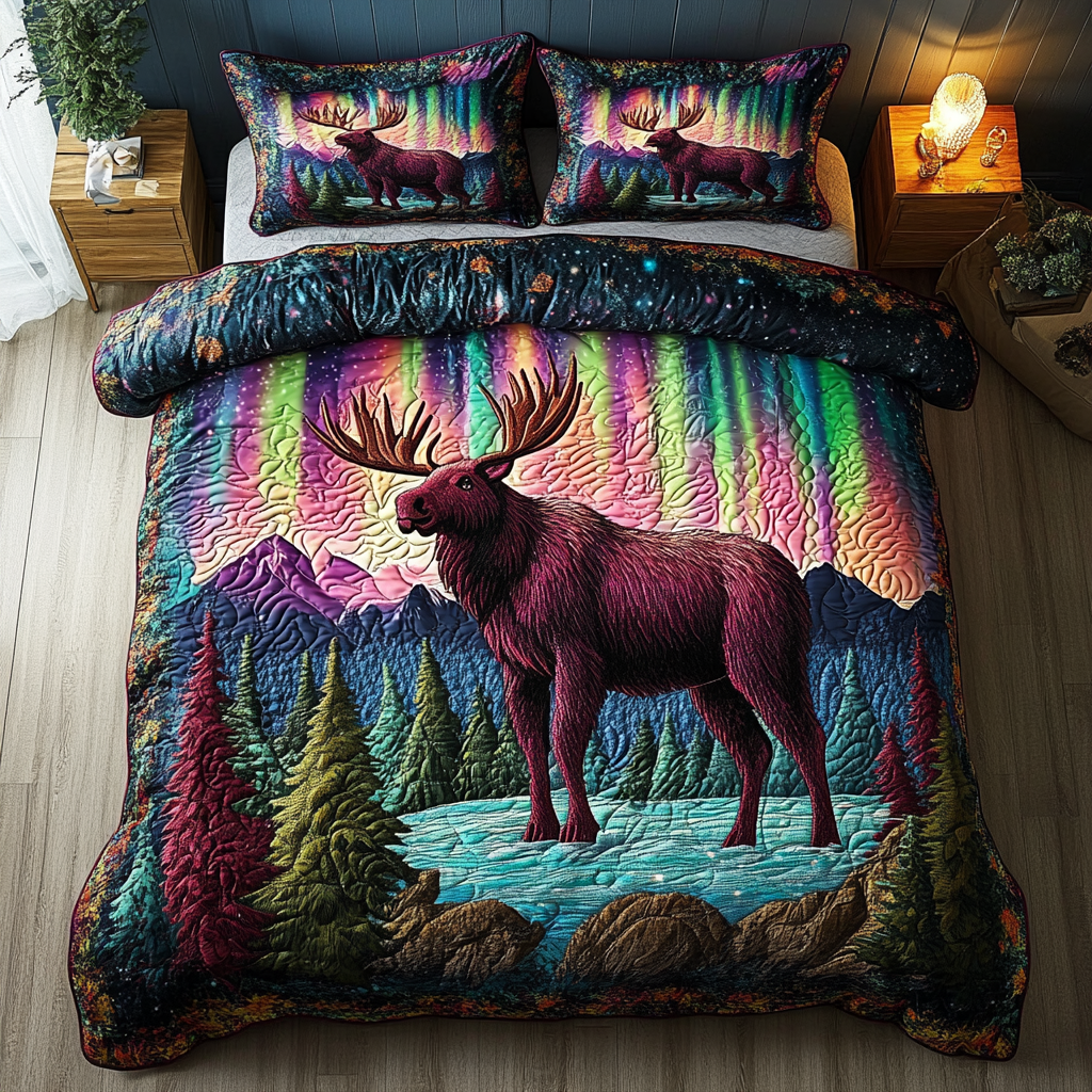 Moose Haven Quilted Bedding Set Cozy Bedroom Decor Cute Moose Gifts