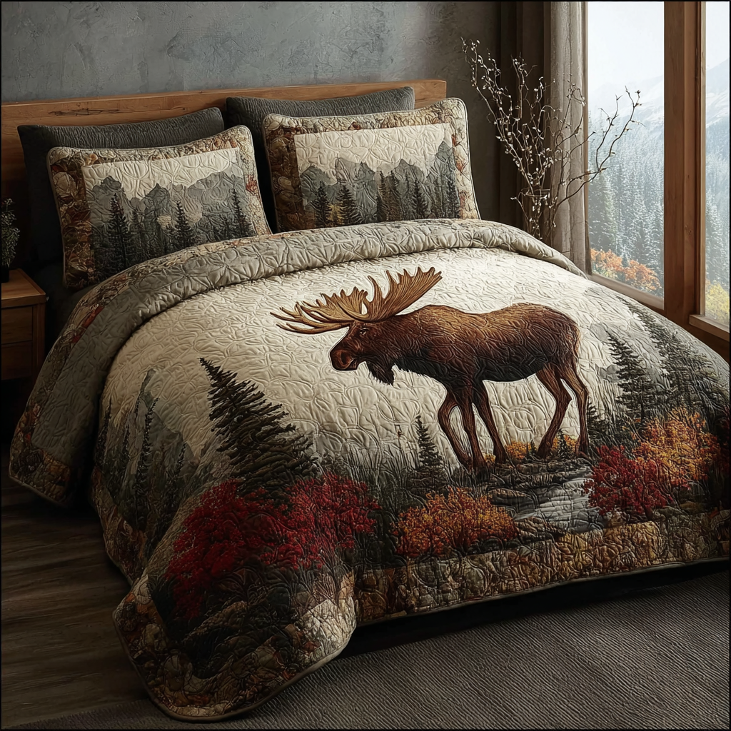 Moose Journey Quilted Bedding Set Xmas Holiday Duvet Cover Set Gifts For Moose Lovers