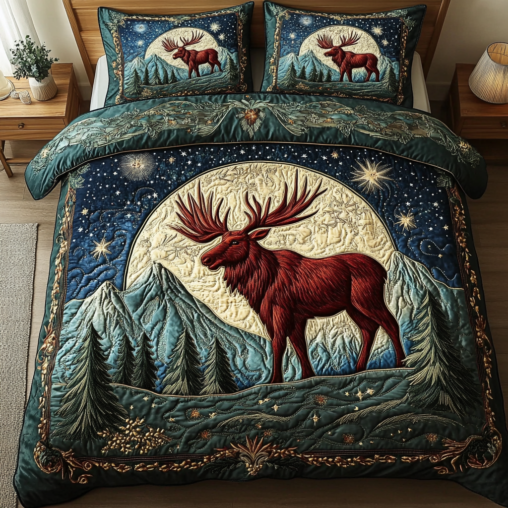Moose Land Quilted Bedding Set Holiday Duvet Cover Set Cute Moose Gifts