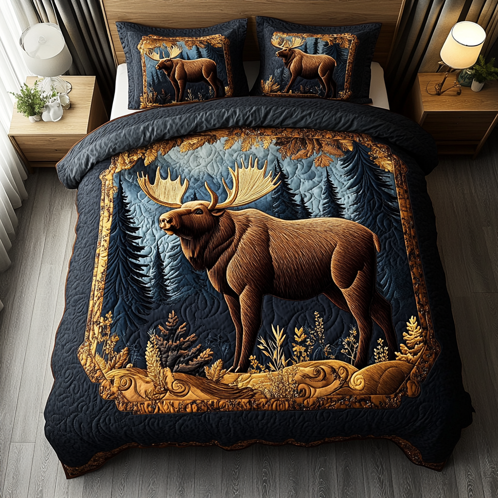 Moose Spirit Quilted Bedding Set Christmas Duvet Cover Moose Items Gifts
