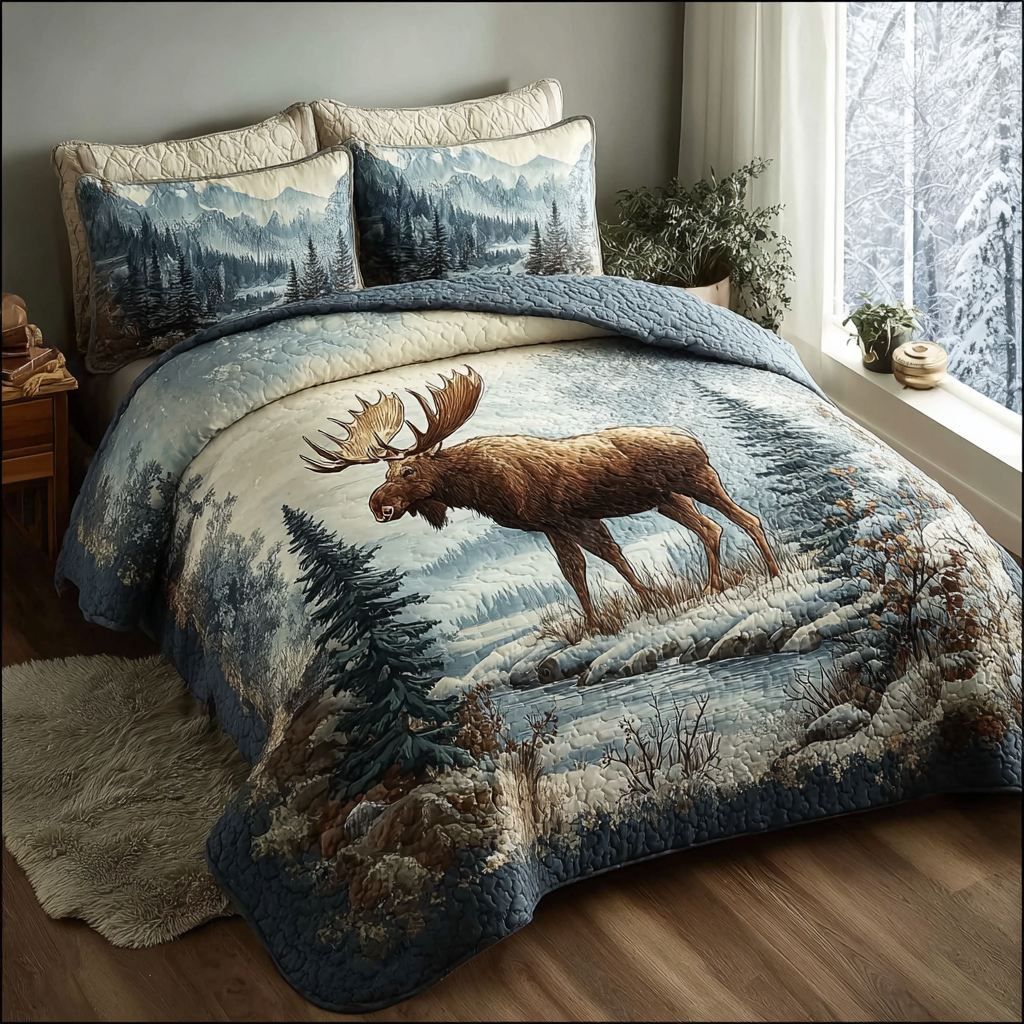 Moose Spirit Quilted Bedding Set Holiday Season Duvet Cover Set Moose Items Gifts