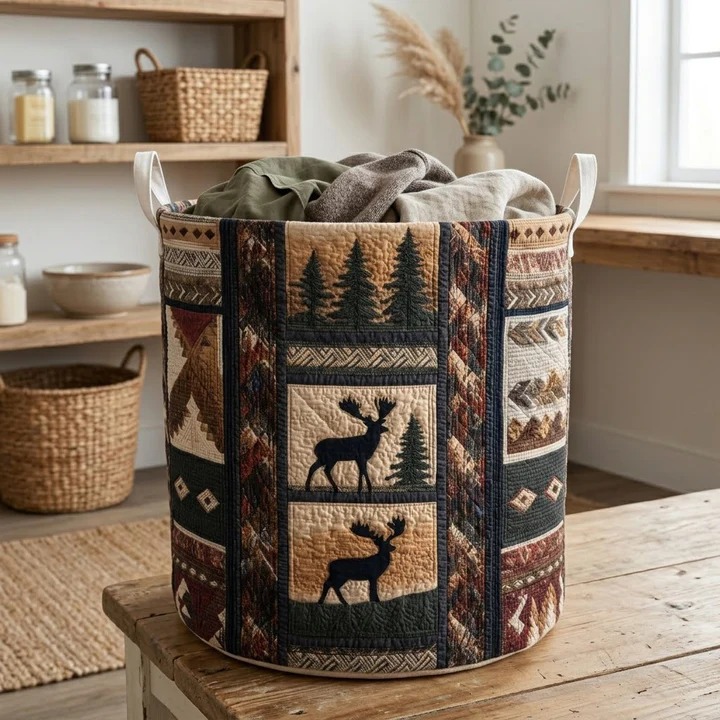 Moose Valley Wilderness Quilted Laundry Basket Rustic Cabin Home Decor Best Gift For Moose Lovers