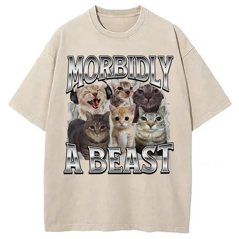 Morbidly A Beast Cat Meme Washed T-Shirt Funny Aesthetic Trendy Apparel Gifts For Besties