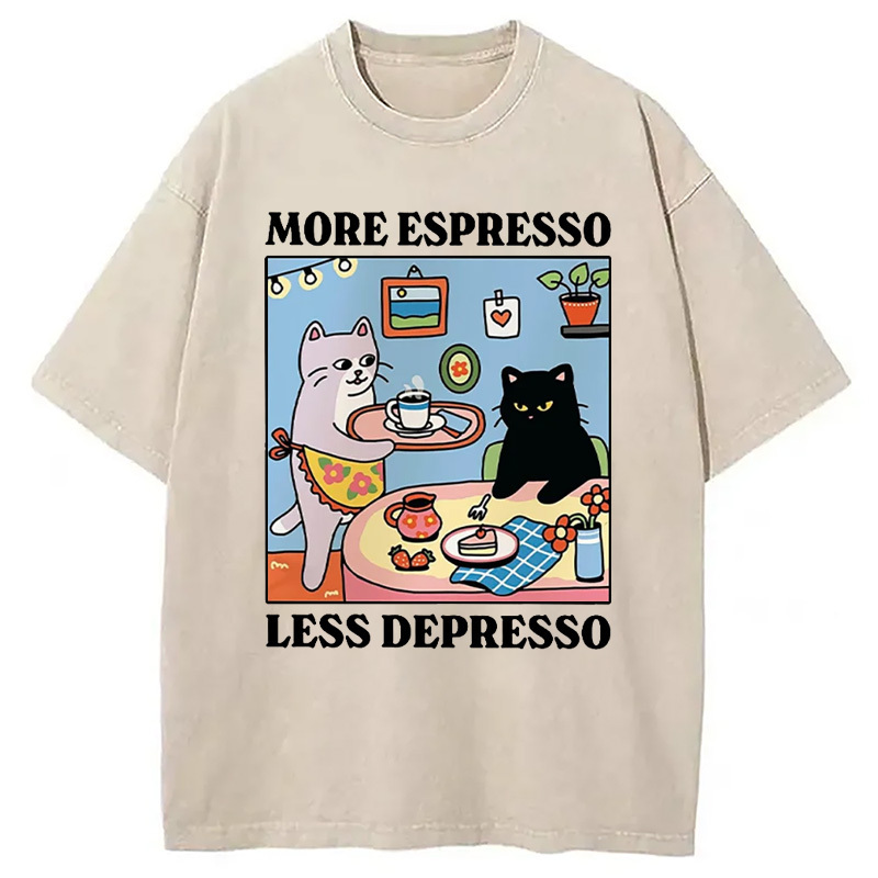 More Espresso Less Depresso Black Cat Kitchen Washed T-Shirt Retro Streetwear Graphic Top Gifts For Him