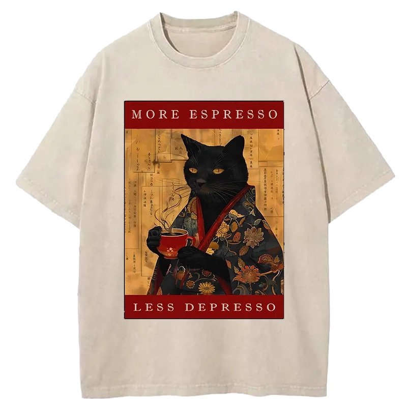 More Espresso Less Depresso Cat Washed T-Shirt Cool Urban Street Style Shirt Gifts For BFF