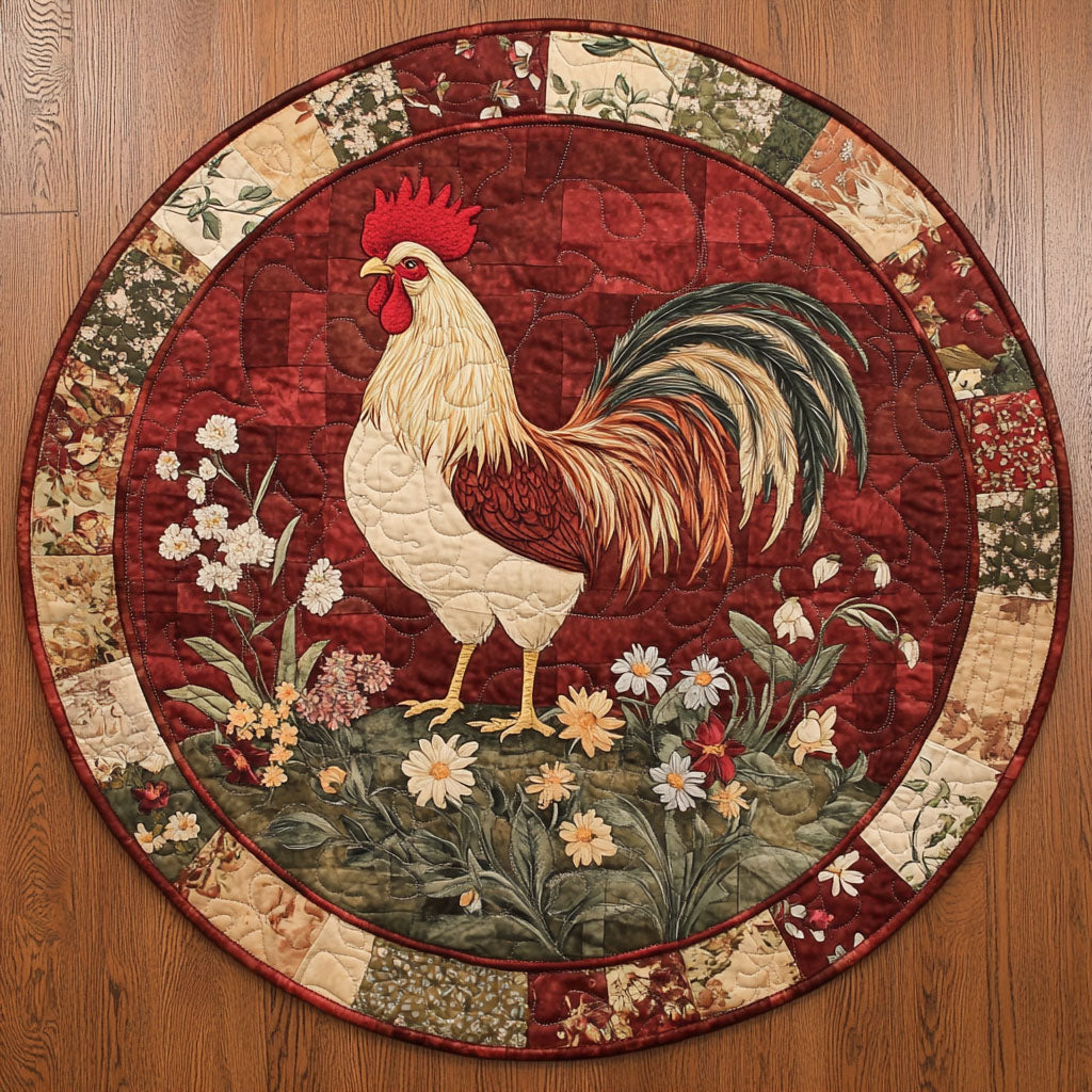 Morning Crow Rooster Quilted Round Mat Christmas Decor For Entryway Farmers Market Gifts