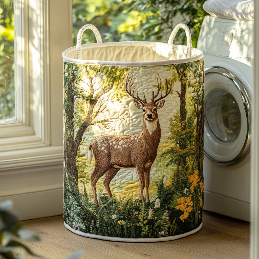 Morning Deer Quilted Laundry Basket Practical Home Storage Gift with Quilted Design