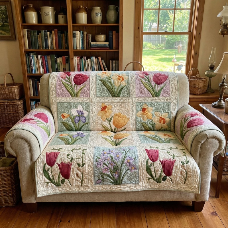 Morning Garden Glow Quilted Sofa Cover Floral Spring Decor Best Gift For Gardeners