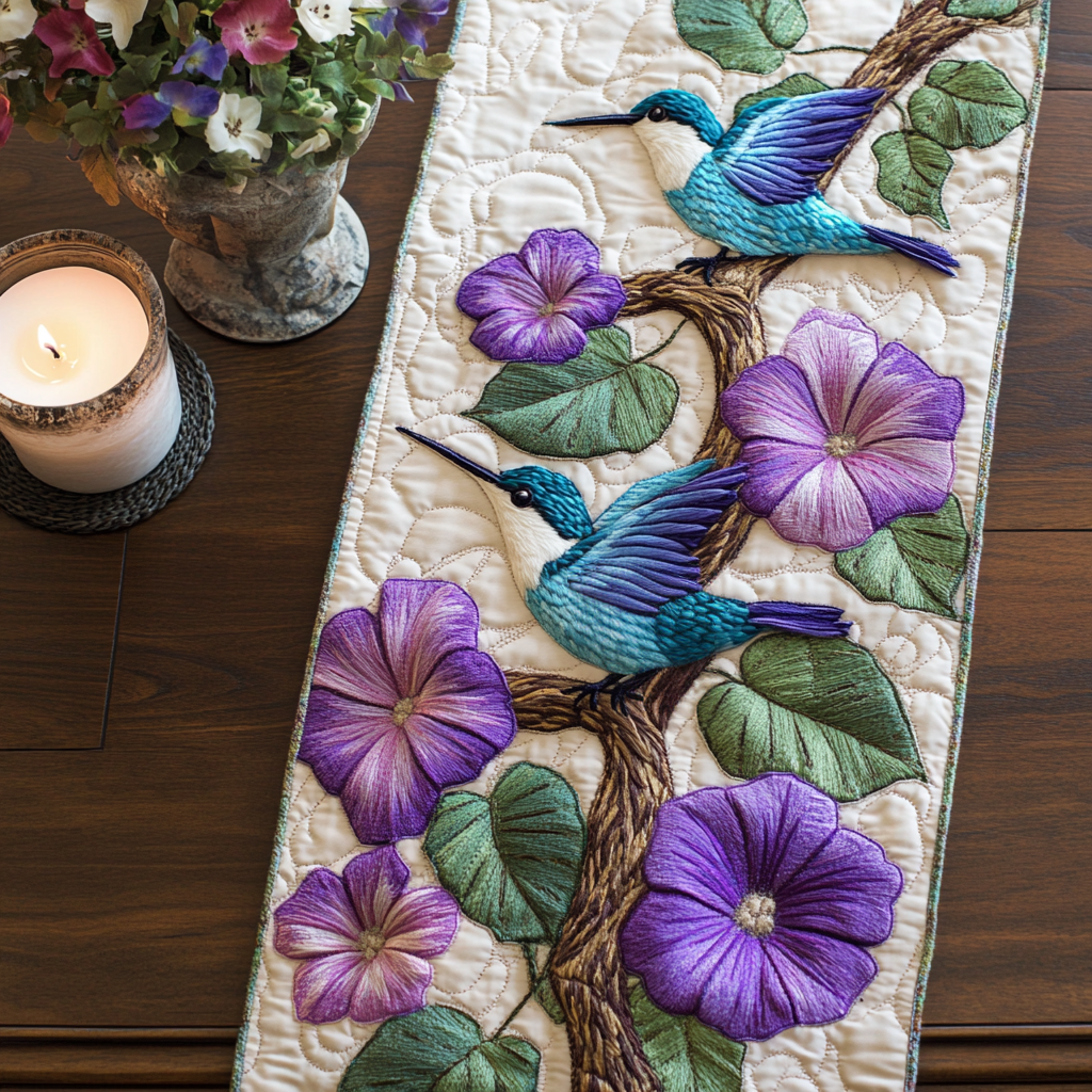 Morning Glory Quilted Table Runner Dining Table Decor Novelty Hummingbird Presents