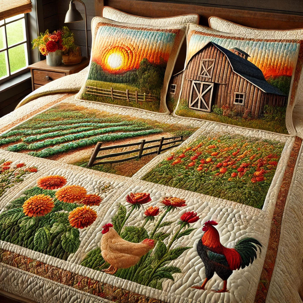 Morning Meadow Quilted Bedding Set Xmas Holiday Duvet Cover Set Presents For Chicken Owners