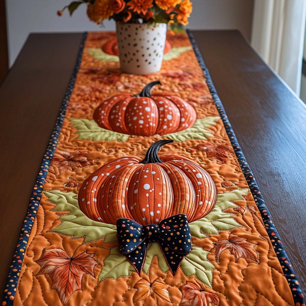 Morning Pumpkin Glow Quilted Table Runner Autumn Table Cover Unique Gifts Family