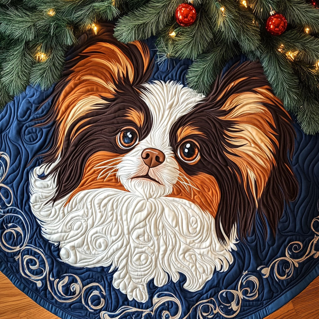 Morning With Papillon Quilted Christmas Tree Skirt Charming Tree Skirt for Family Gatherings