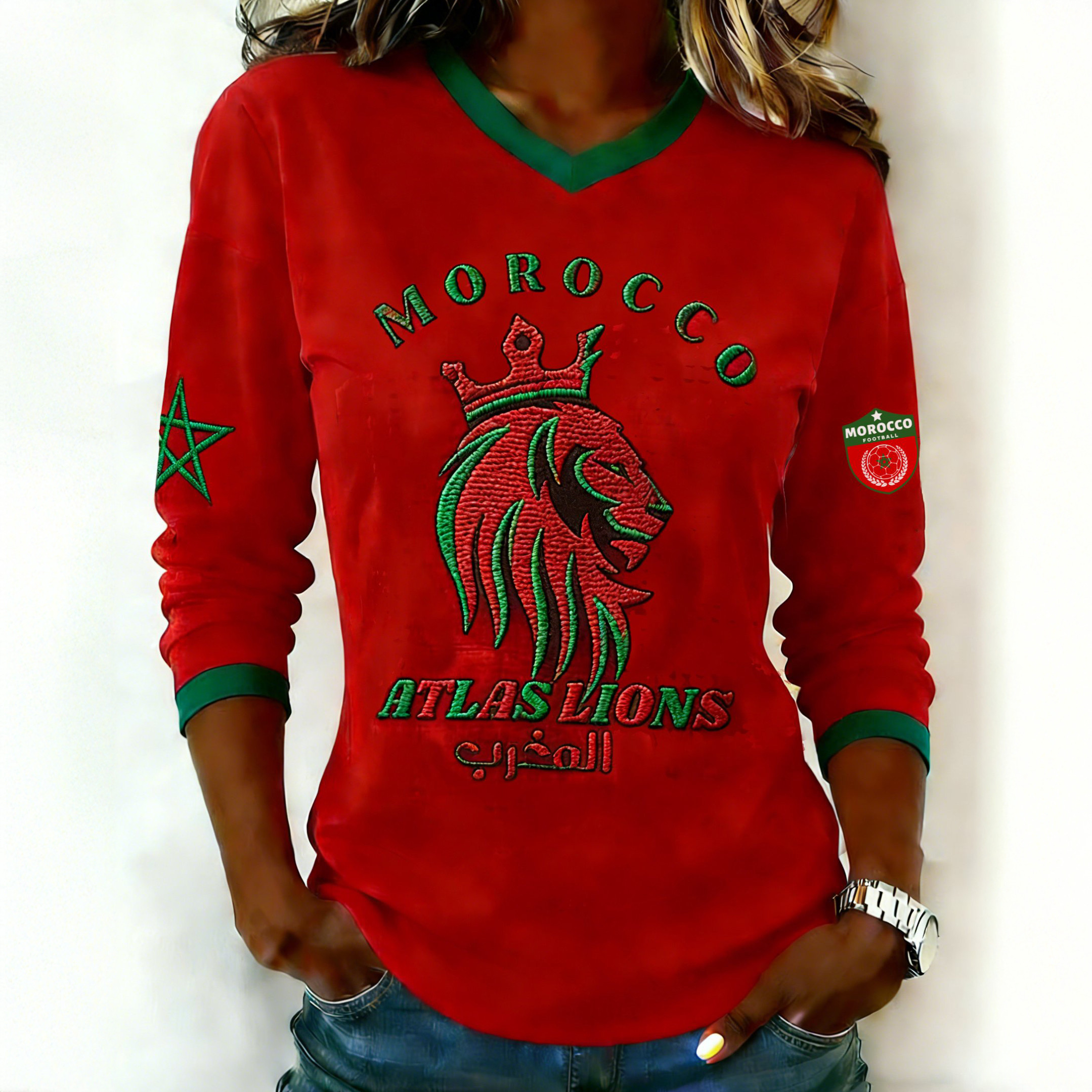 Morocco 2026 FIFA World Cup Atlas Lions V-Neck Long Sleeve Shirt Soccer Apparel Mother's Day Gift