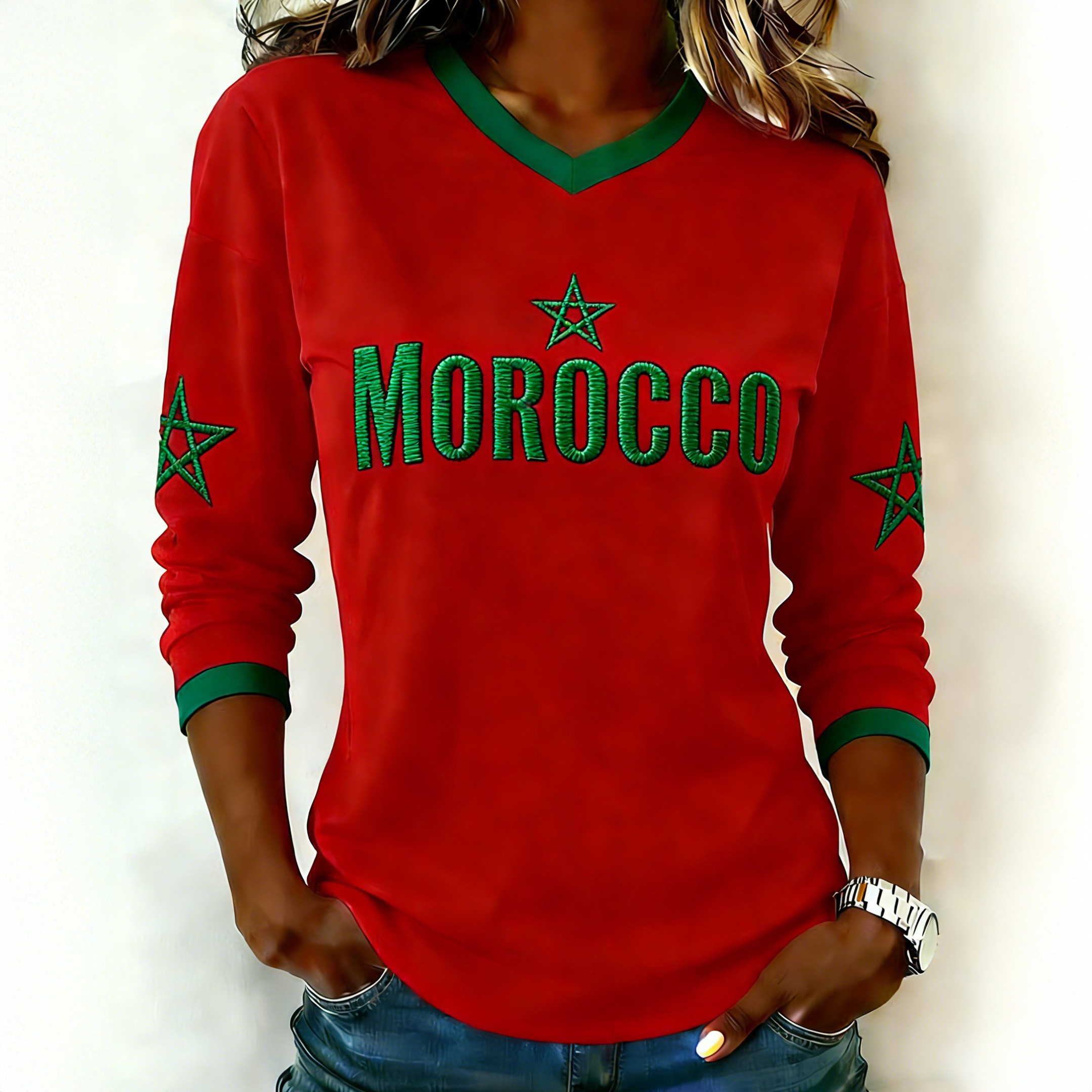 Morocco 2026 FIFA World Cup V-Neck Long Sleeve Shirt Game Day Clothing Soccer Mom Gift