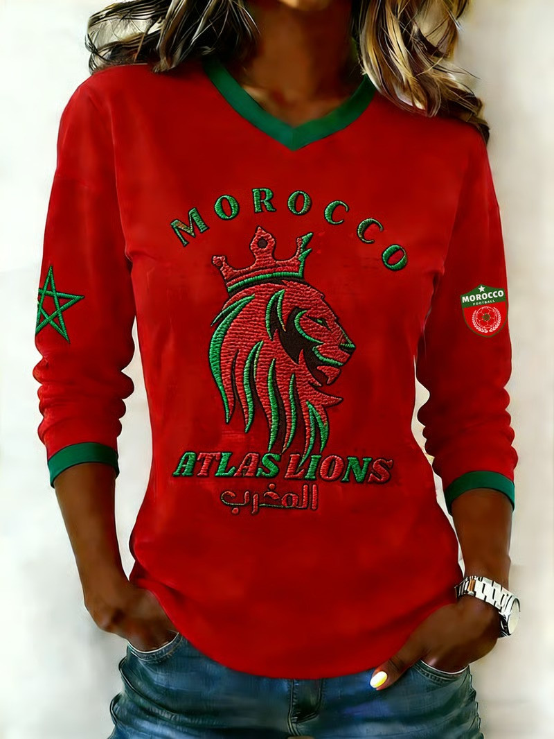Morocco Atlas Lions V-Neck Long Sleeve Shirt WC 2026 Soccer Fan Gear Best Gift For Morocco Fans