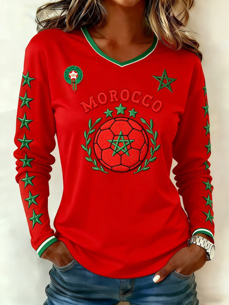 Morocco Atlas Lions V-Neck Long Sleeve Shirt World Cup 2026 Soccer Star Fan Merch Gift For Her
