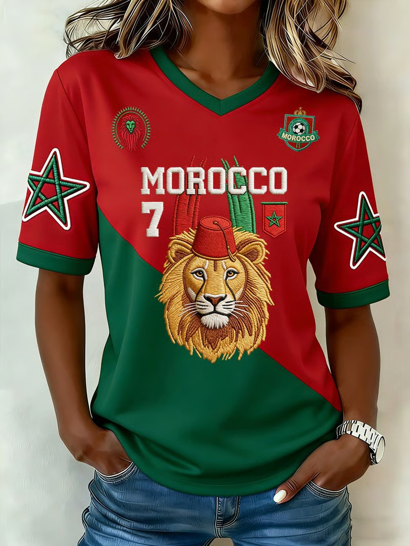 Morocco Atlas Lions World Cup 2026 V-Neck Shirt Fez Lion Crown Soccer Fan Clothing Gift For Her