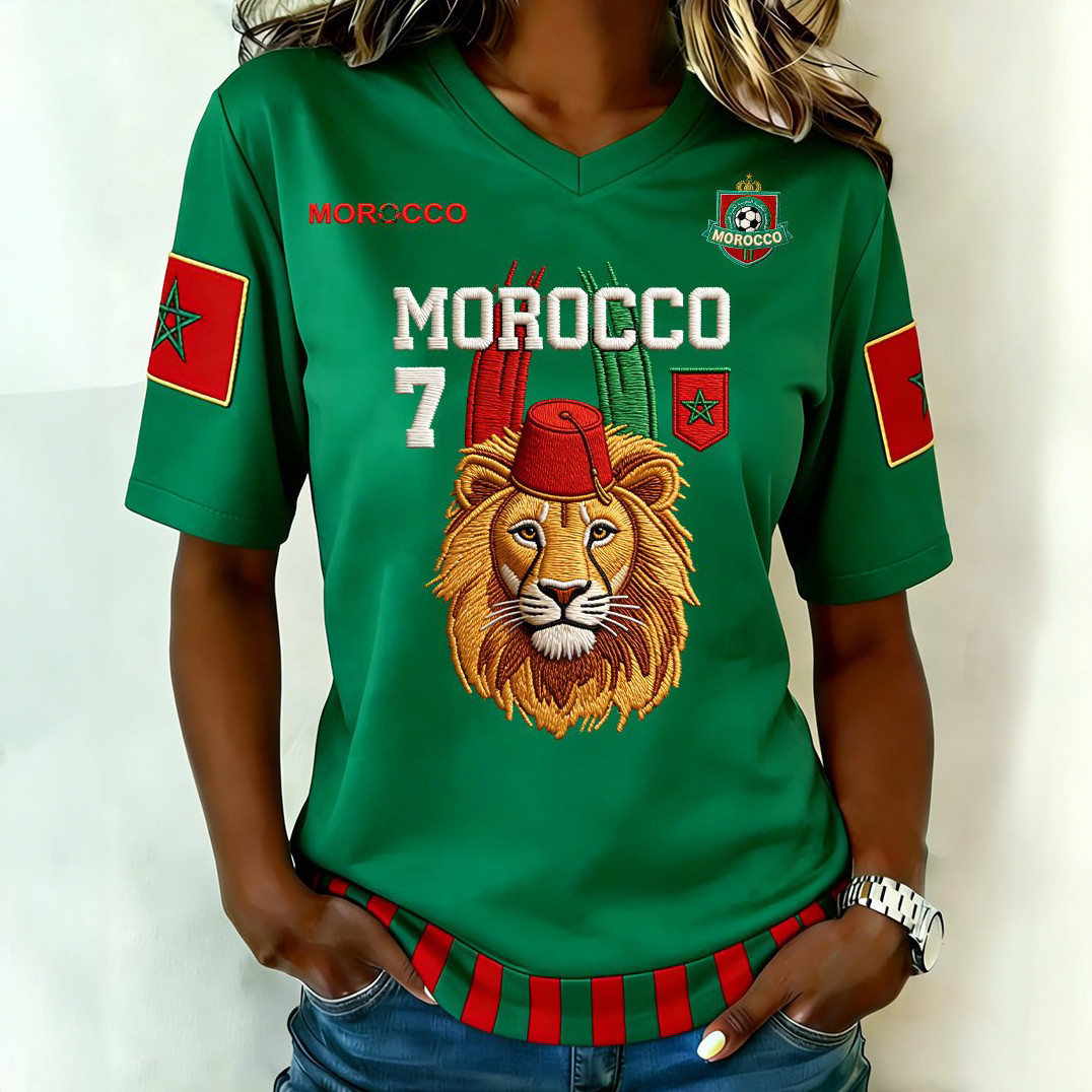 Morocco Football Team Lion V-Neck Shirt 2026 FIFA World Cup Merch Soccer Lover Gift
