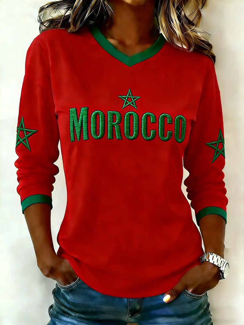 Morocco World Cup 2026 V-Neck Long Sleeve Shirt Star Soccer Fan Clothing Best Gift For Fans