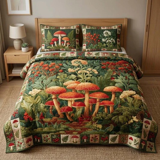 Mossy Amanita Quilted Bedding Set Forest Bedroom Decor Cozy Home Gift For Mushroom Lovers