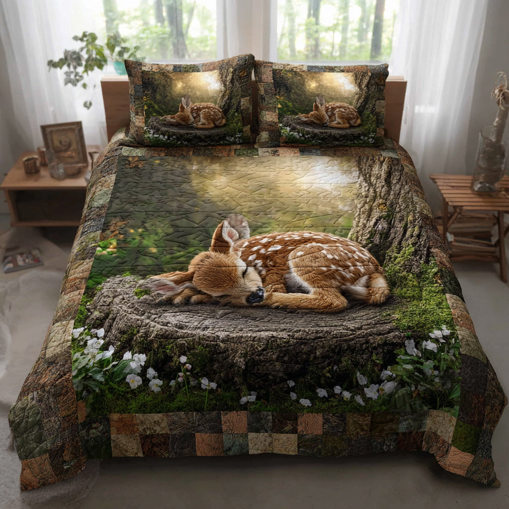 Mossy Fawn Quilted Bedding Set Unique Bedding Gift for Family Gatherings