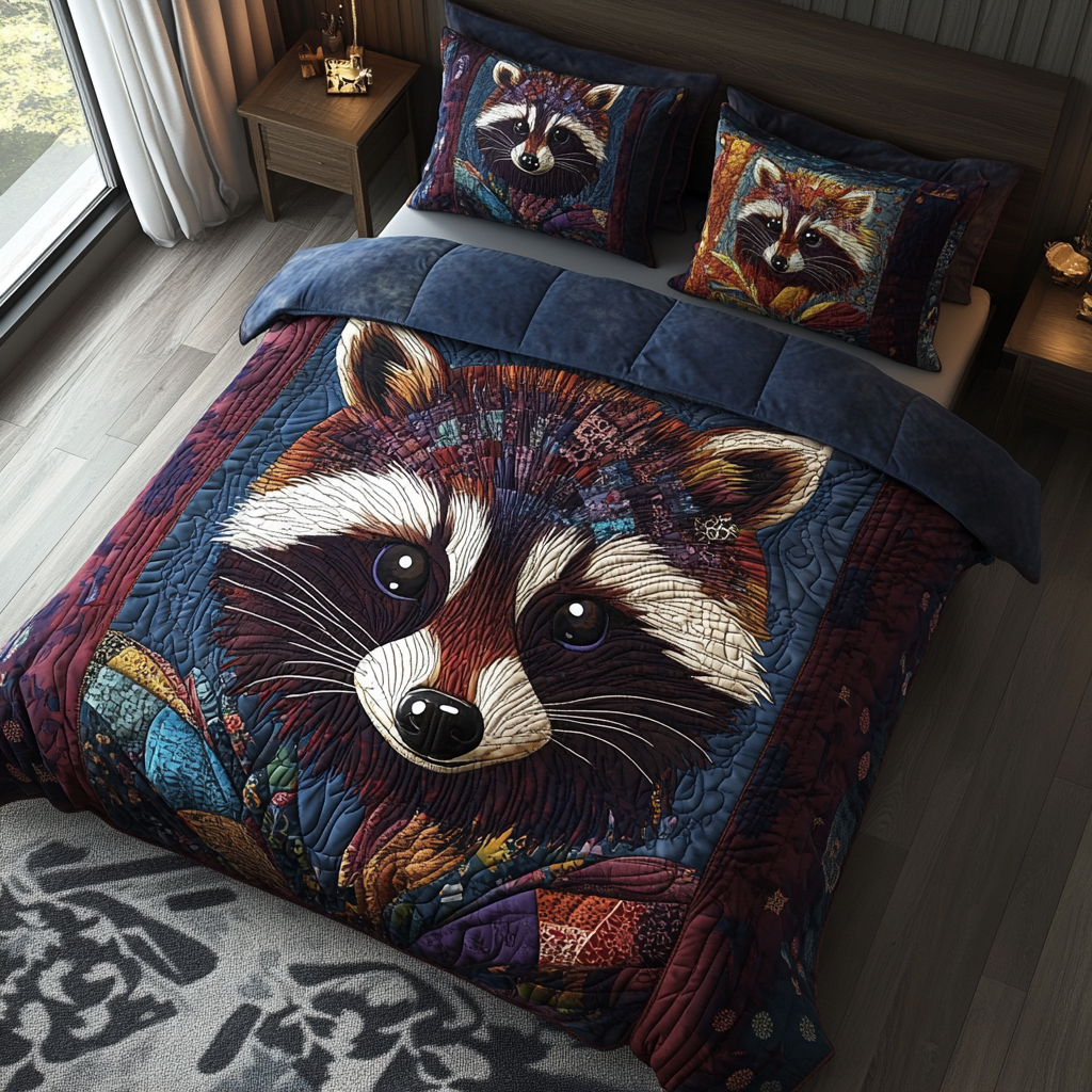 Mossy Hollow Raccoon Quilted Bedding Set Bed Decor Raccoon Gift Items