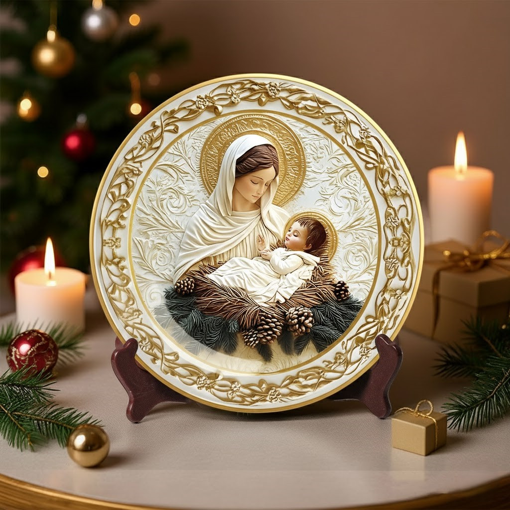Mother's Embrace Mary & Jesus Christmas Ceramic Plate Unique Xmas Gifts Ideas For Her