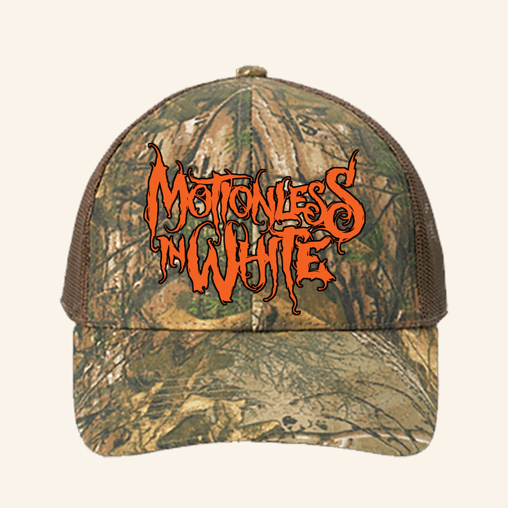 Motionless In White Merch Orange Logo Camo Trucker Hat Real Tree Hat Xmas Presents For Him Motionless In White Merch Orange Logo Camo Trucker Hat Real Tree Hat Xmas Presents For Him